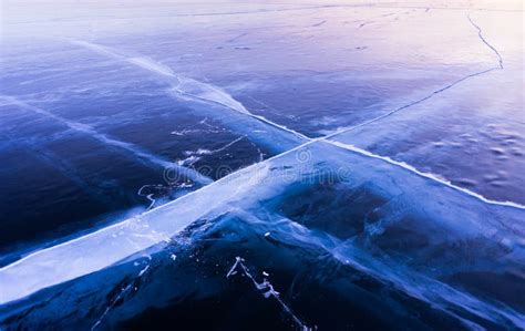 Blue And Cold Ice Of Lake Baikal Horizon At Sunset Stock Photo Image