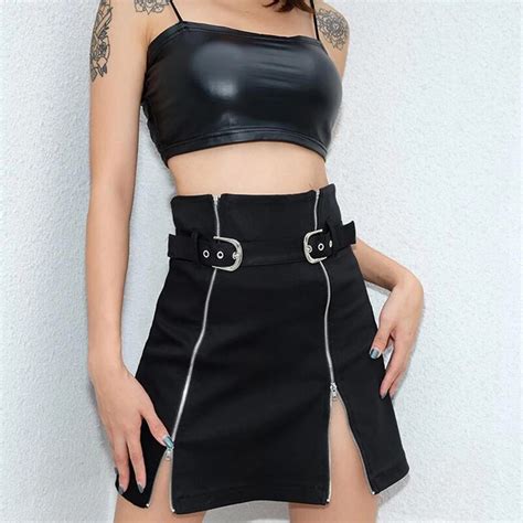 Black Punk Mini Skirt Streetwear Sexy Zipper Split Skirts Womens Faldas Mujer Moda 2018 High