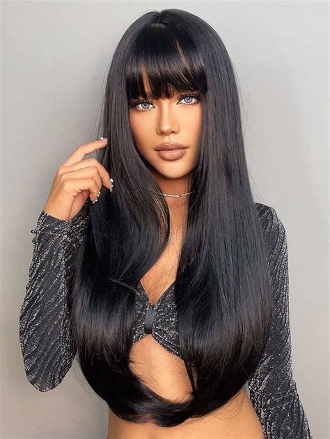 Black Collar Synthetic Fiber Bangs Wig Embellished Wigs And Accs Black Hair Bangs Long Hair With