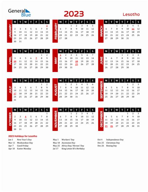 2023 Holiday Calendar For Lesotho Monday Start