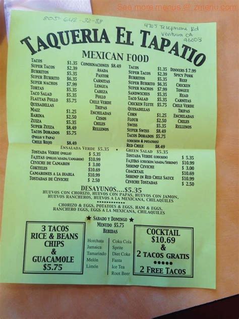 Online Menu Of Taqueria El Tapatio 5 Restaurant Ventura California 93003 Zmenu