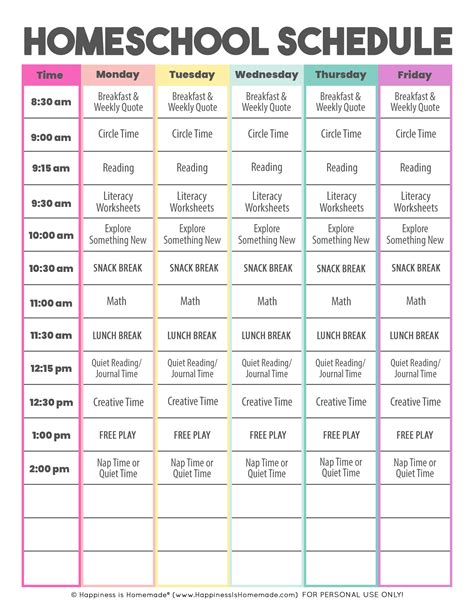 Printable Daily Schedule For Homeschool