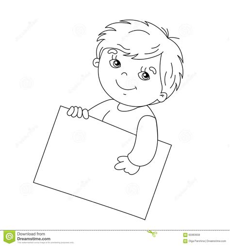 Coloring Page Outline Of Cute Boy Holding A Sign Stock Vector