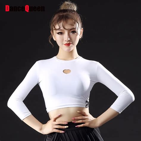 Sexy Latin Dance Shirt For Ladies Black White Round Collar Ice Silk Tops Wear Women Jazz Club