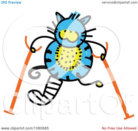 Clipart Doodled Blue Cat Using Crutches Royalty Free