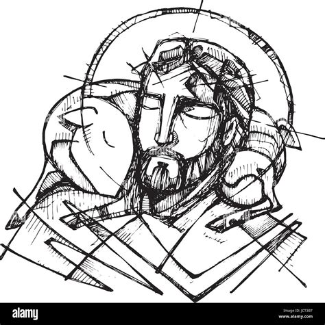 Hand Drawn Vector Illustration Or Drawing Of Jesus Christ And A Sheep