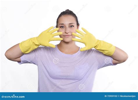 Woman With Cleaning Gloves Stock Photo Image Of Housekeeping