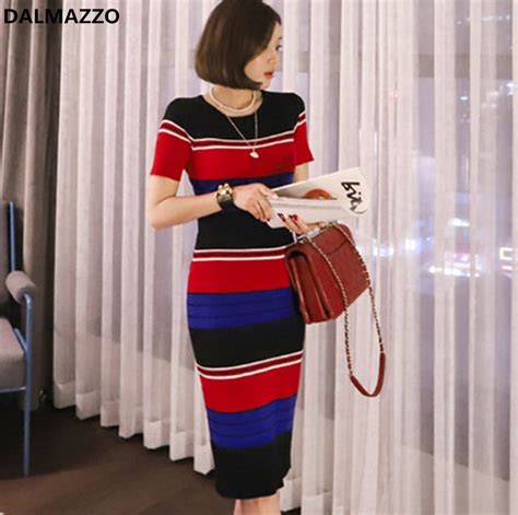 Knitting Striped Women O Neck Elastic Waist Package Hip Dress Mujer 2020 New Arrival Summer