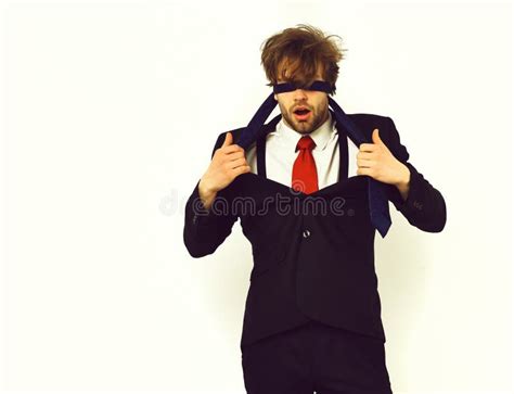 Bearded Macho Stylish Man In Elegant Suit With Blindfold Eyes Stock