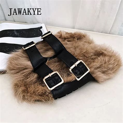 2018 Chic Wool Fur Slippers Woman Open Toe Real Leather Double Belt