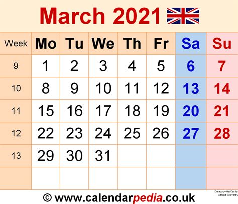 Calendar March 2021 Uk With Excel Word And Pdf Templates