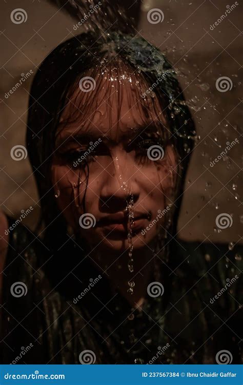 Depression Girl Covered With Water While Crying In The Bathroom Alone