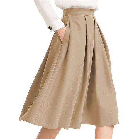 Khaki High Rise Pleated A Line Knee Length Skirt Featuring Pockets