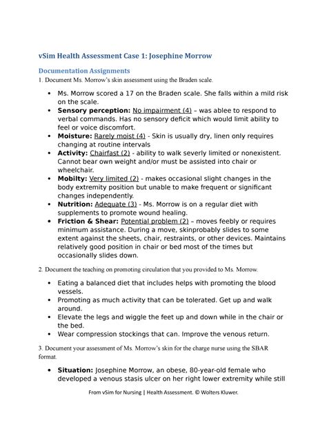 Assessment Case 01 Josephine Morrow Da Final Vsim Health Assessment