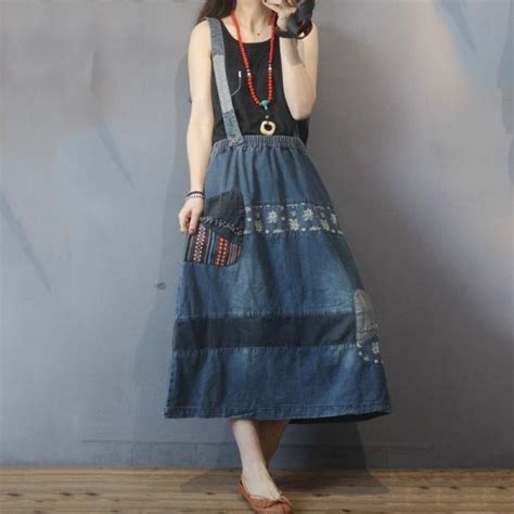 Floral Patchwork Maxi Suspender Skirt Vintage Jean Skirt In Dark Blue