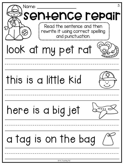 Editing Sentences Worksheet First Grade