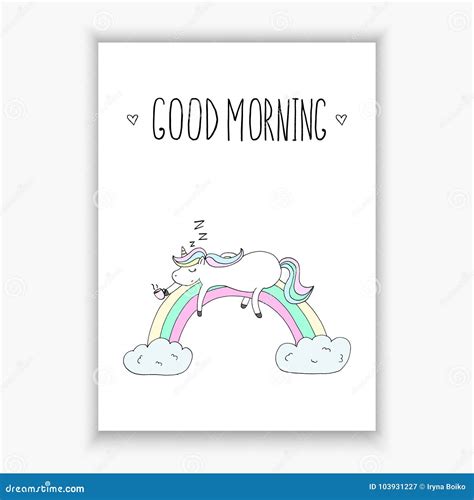 Cute Unicorn Print For Kids Good Morning Card Stock Vector