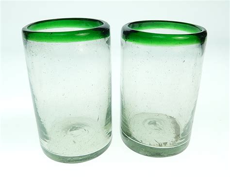 Mexican Glass 15oz Green Rim Made In Mexico With Recycled Glass
