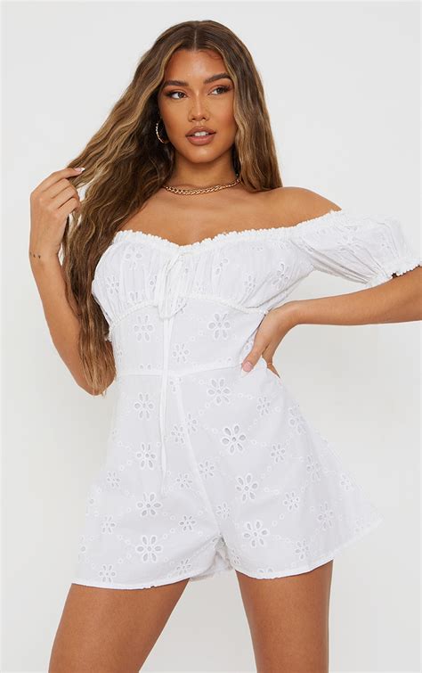 White Broderie Anglaise Bardot Bust Playsuit Prettylittlething Aus