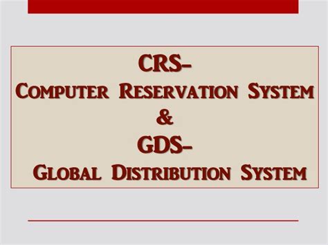 Computerized reservation systems used for inventory management by airlines, hotels and other facilities and allow direct access to check availability, make reservations and print tickets. Computer Reservation System (CRS) & Global Distribution ...