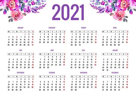 Free Vector Beautiful 2021 Calendar For Colorful Floral Design