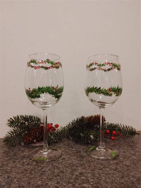 Holiday Wine Glasses Festive Wine Glasses Garlands And Berries Etsy