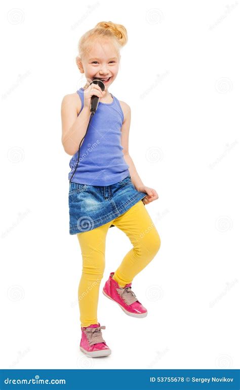 Happy Girl Singing In Microphone And Dancing Stock Photo Image Of