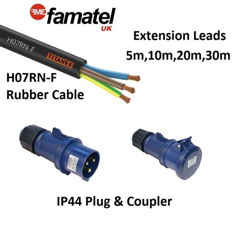 Famatel 32a 240v 3 Pin Ip44 H07 Rubber Extension Leads 5m10m20m30m
