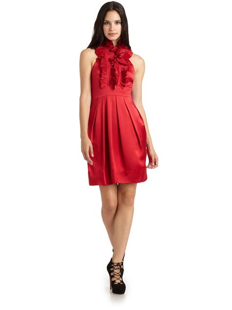 Bcbgmaxazria Silk Satin Ruffle Halter Dress In Red Lyst