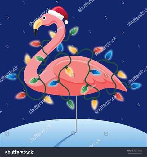 Pink Christmas Flamingo Wearing Santa Hat And String Of Christmas