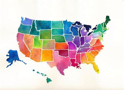 United States Bright Watercolor Print Map Canvas Painting United