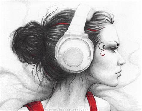 Items Similar To Original Drawing Beautiful Girl In Headphones Portrait