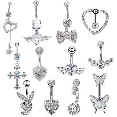 New Sexy Dangling Navel Belly Button Ring 14g Double Round Heart Cubic Zirconia 316l Surgical