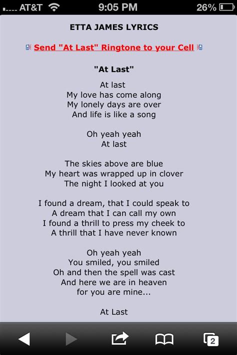 Maybe you would like to learn more about one of these? Lyrics to "At Last" by Etta James | At last lyrics, Songs ...