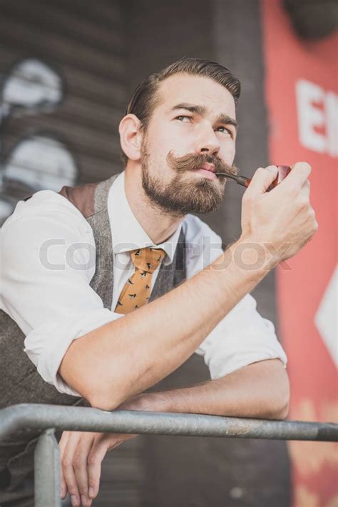 Handsome Big Moustache Hipster Man Smoking Pipe Stock Image Colourbox
