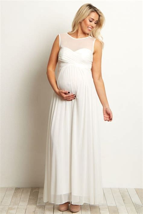 Ivory Mesh Neckline Ruched Bust Maternity Evening Gown Maternity