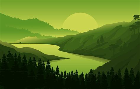 Sunrise Over Mountain Forest Landscape Illustration 2038209 Vector Art