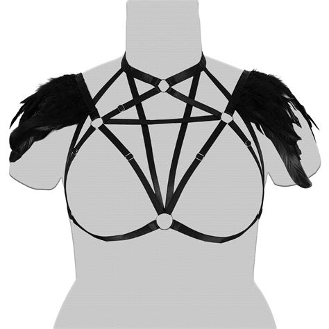 plus size harajuku punk feather harness bra dance rave wear costumes goth body bondage pentagram
