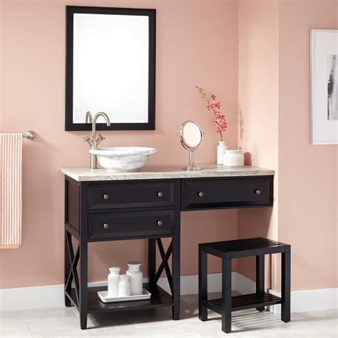 Give your bathroom a dramatic makeover by replacing the bathroom vanity. 48" Glympton Vessel Sink Vanity with Makeup Area - Black | Bathroom, Makeup area