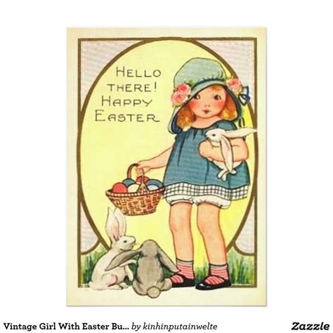 Vintage Girl With Easter Bunnies And Eggs Easter Holiday Card Zazzle Vintage Easter Vintage