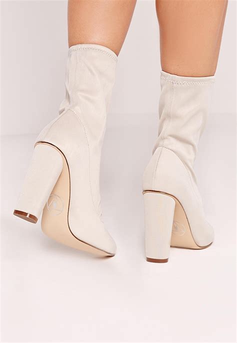 Missguided Pointed Toe Neoprene Heeled Ankle Boots Cream Lyst
