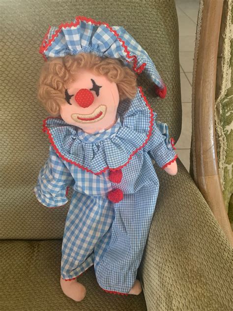 Vintage Cotton Cloth Doll 18 Handmade Clown Blue Checkered Tradition Hat Cute Cute Clown