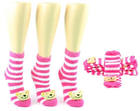 24 Units Of Womens Fuzzy Ankle Socks With 3 D Bear Size 9 11
