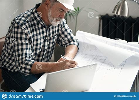 Mature Confident Smiling Architect In Casual Wear Working With