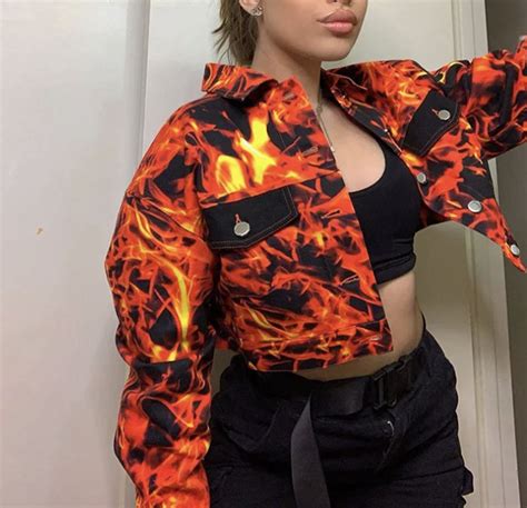 Fire Flame Print Cropped Jacket And Skirt Two Piece Set Lily Ellis Crop Jacket Hooded Jacket
