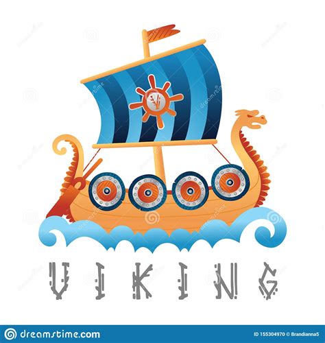 Viking Warrior Ship Cartoon Illustration Ancient Transport Longboat