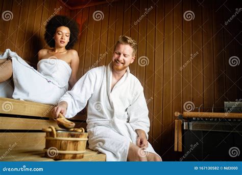 Happy Couple Having A Steam Bath In A Sauna Stock Photo Image Of