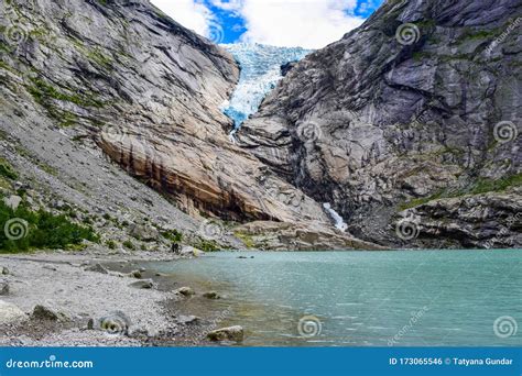 The Briksdalsbreen Glacier In Norway The Lake With Clear Water Stock