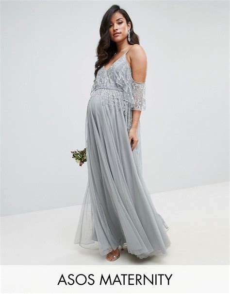 ASOS Maternity WEDDING Embellished Lace Insert Flutter Sleeve Maxi Dre
