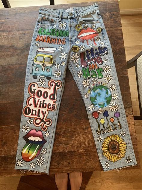 Hand Painted Retro Themed Jeans Etsy Hippie Outfits Retro Outfits